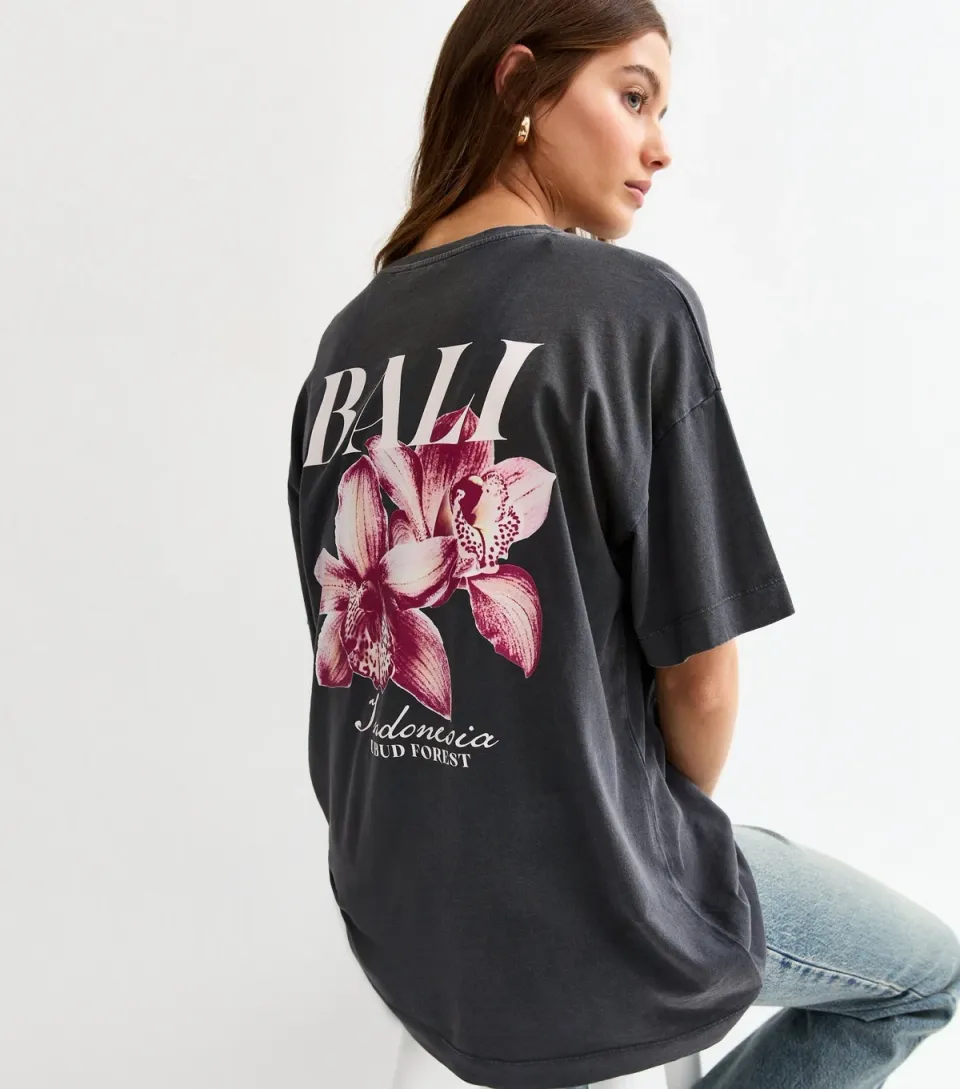 Women's Dark Grey Bali Acid Print Oversized T-Shirt