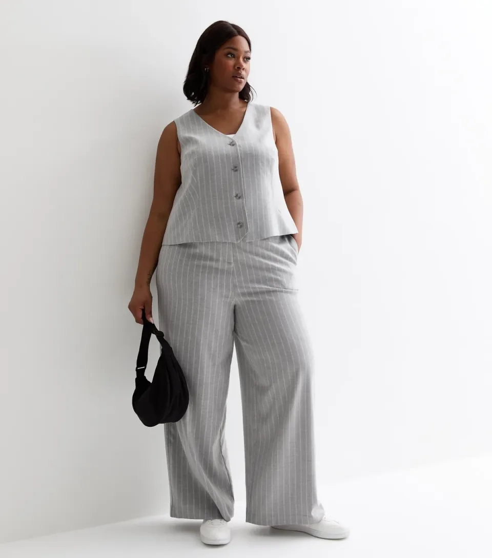 Women's Plus Size Light Grey Stripe Wide Leg Trousers Curves