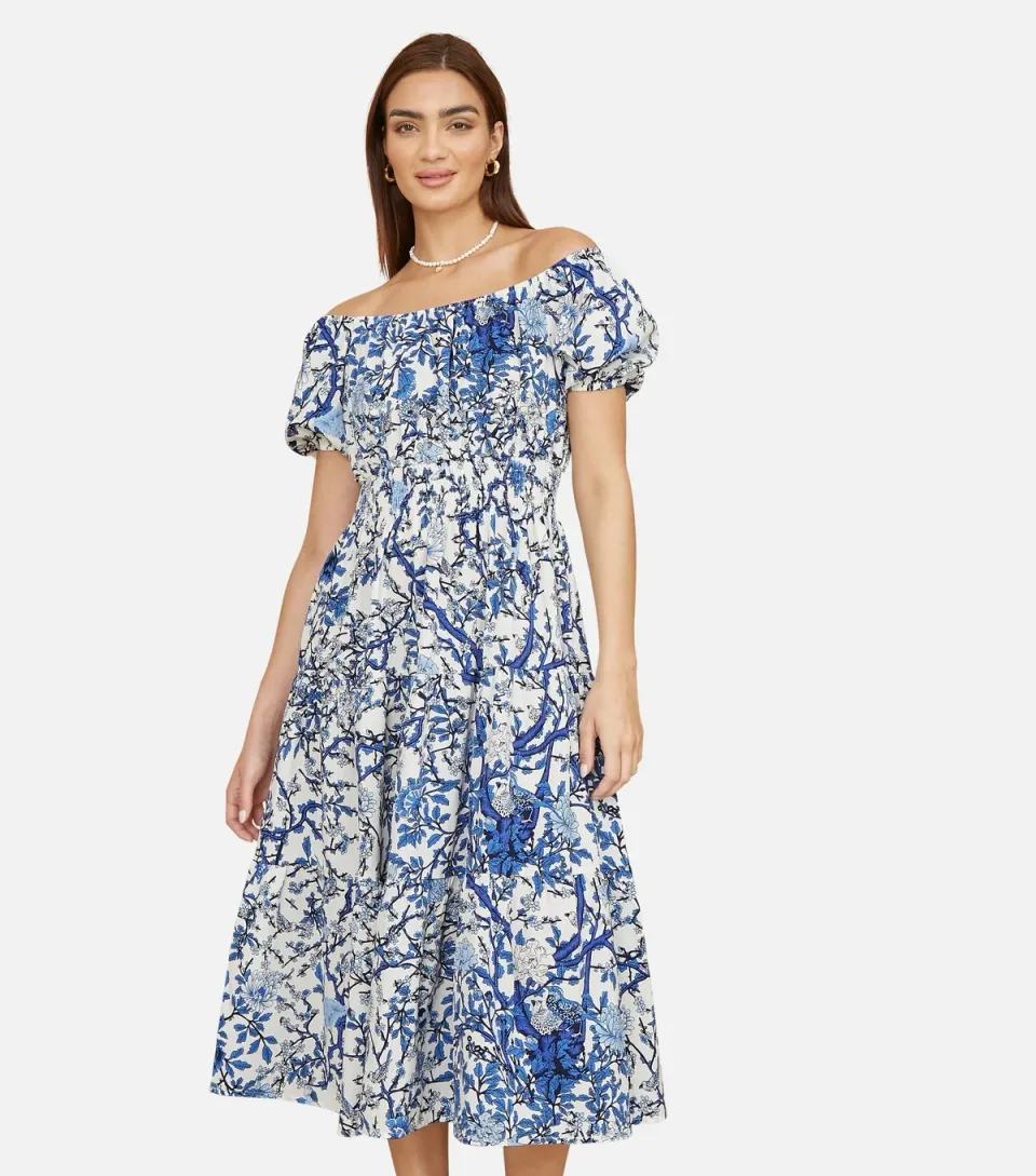 Women's Blue Floral Print Off Shoulder Midi Dress