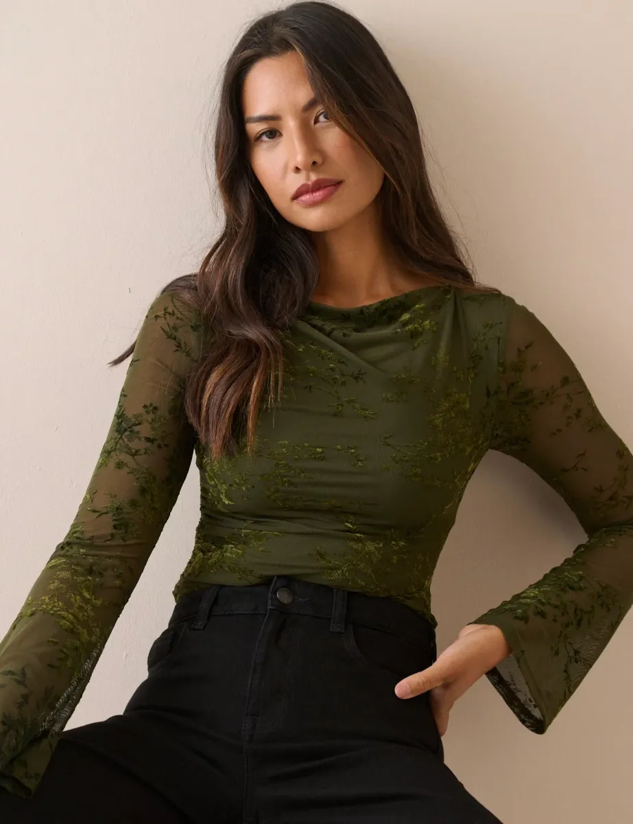 Devore Slash Neck Fitted Long Sleeve Top