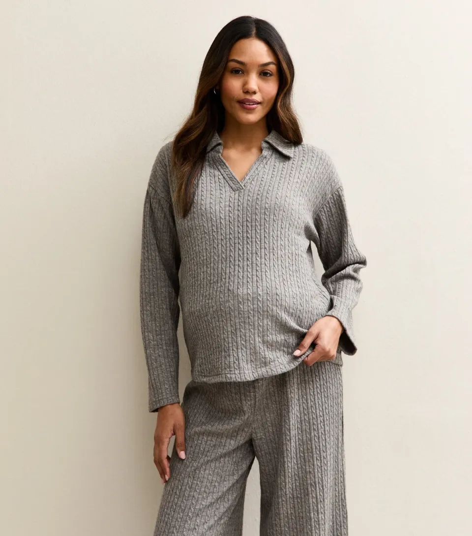 Women's Maternity Mid Grey Soft Touch Polo Top