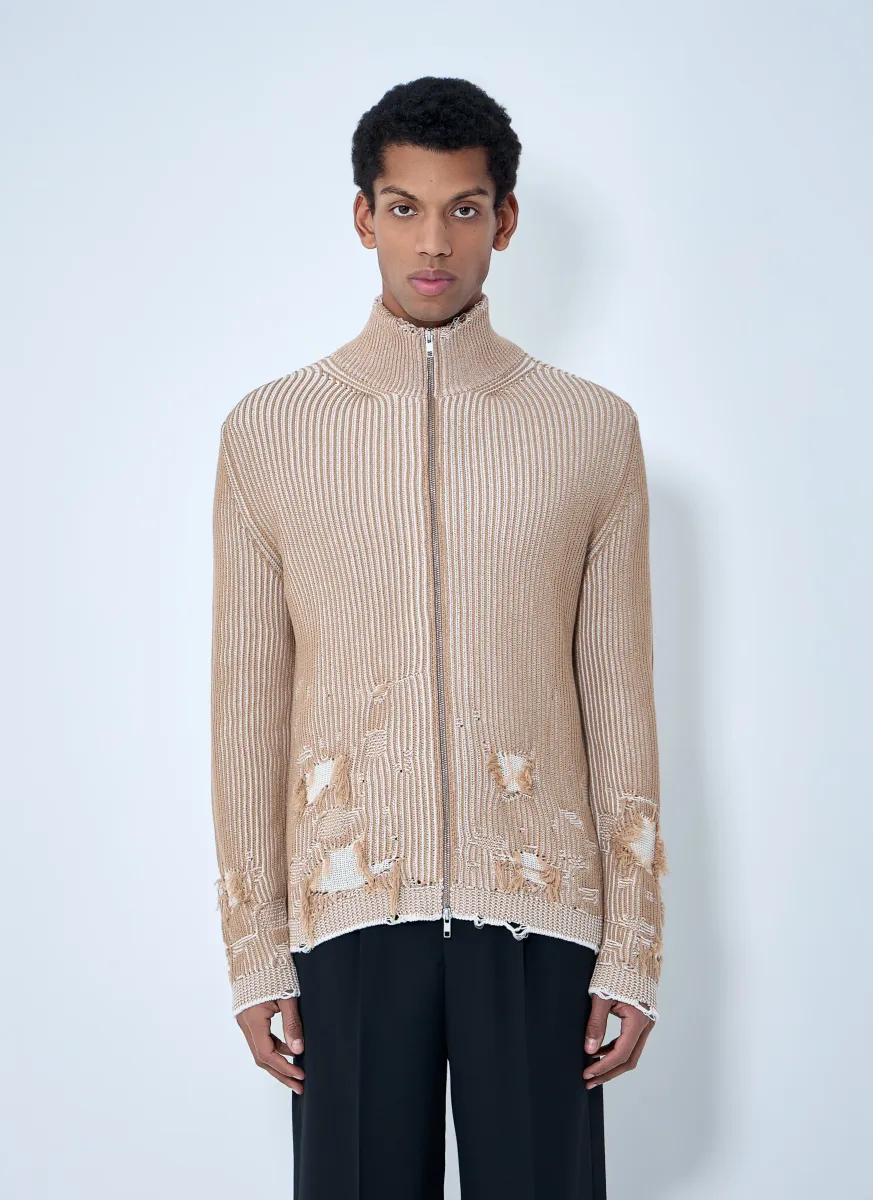 Distressed Ribbed High-Neck Sweater