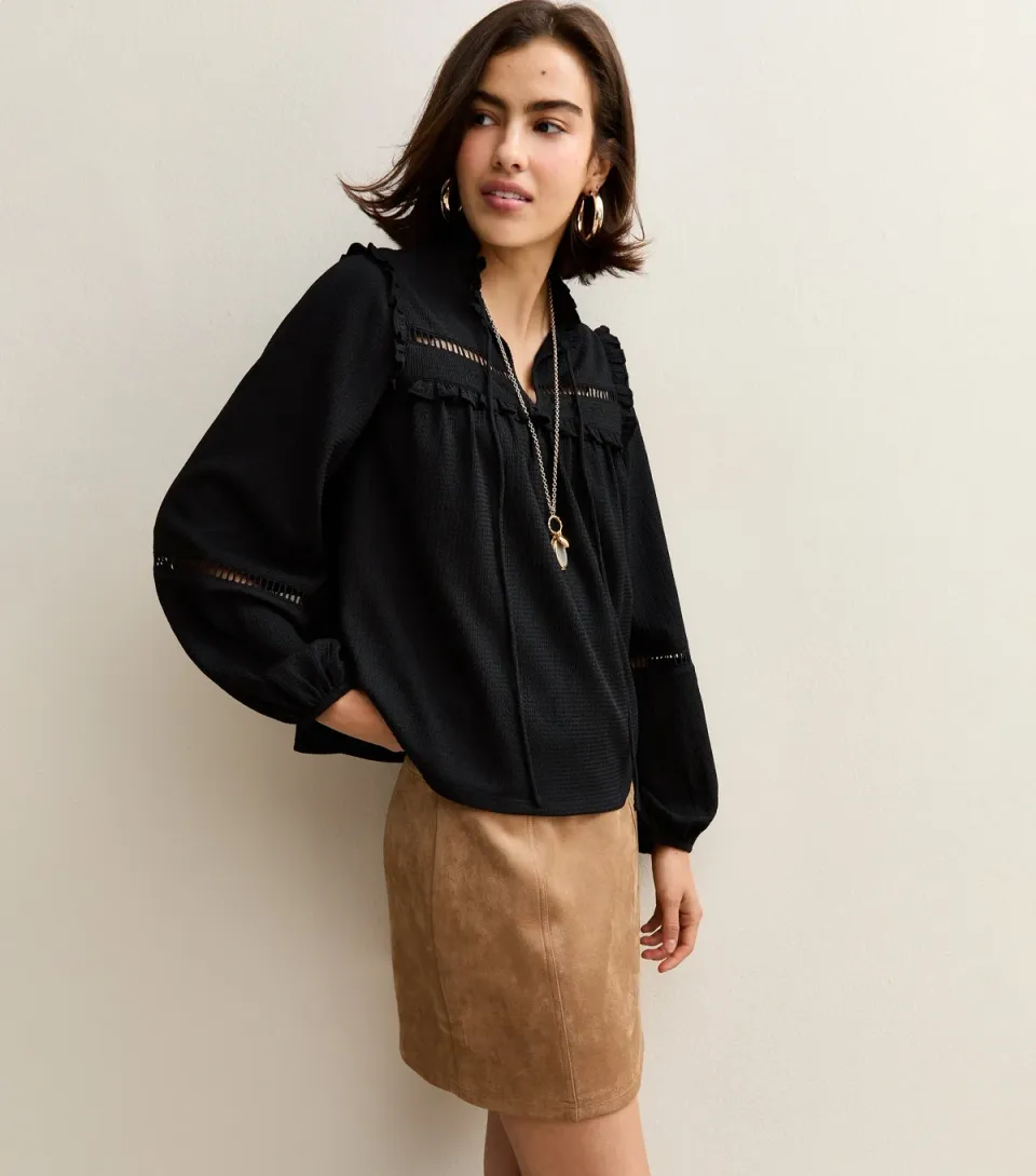 Women's Black Ladder Insert Tie Neck Blouse