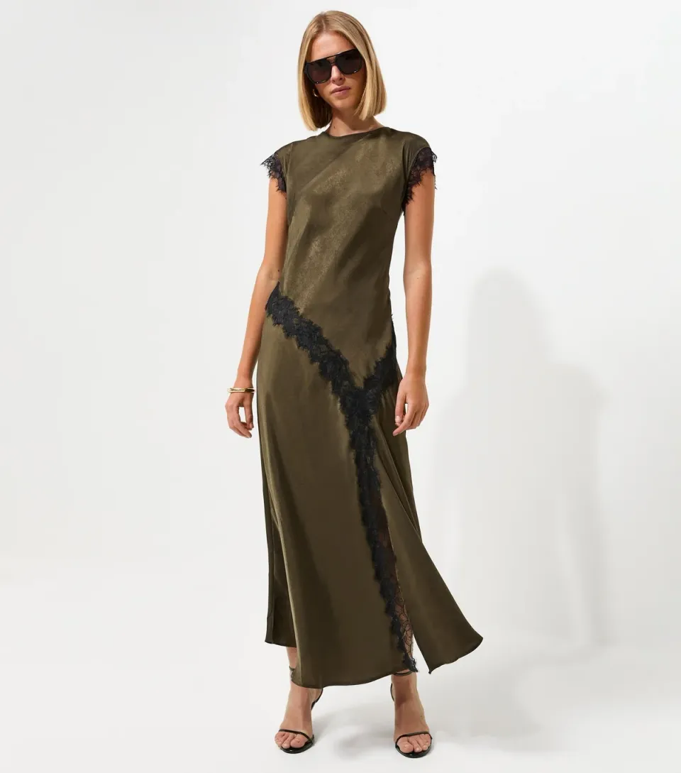 Women's Dark Khaki Lace Trim Bias Cut Midi Dress