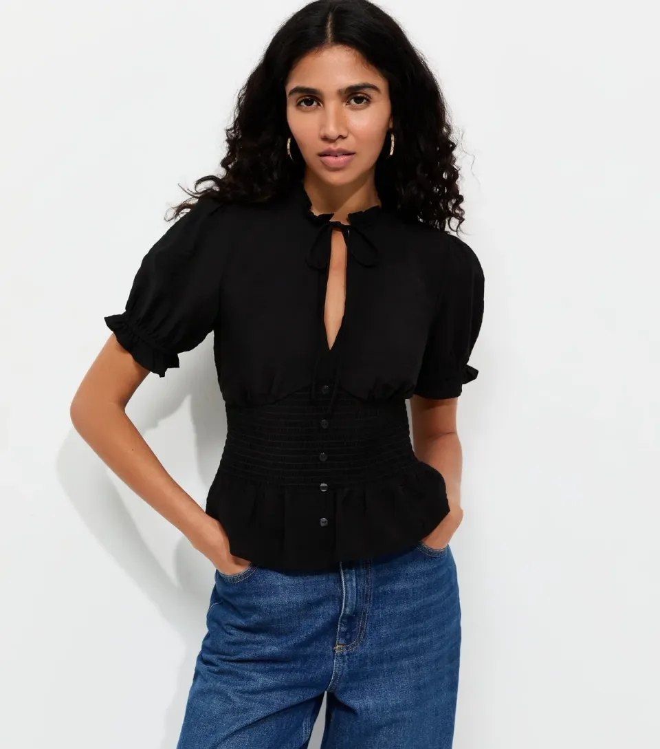 Women's Black Ruched Puff Sleeve Shirt