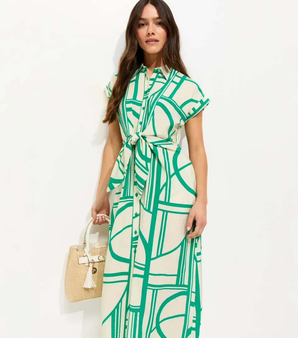 Women's Petite Green Geometric Print Twist Front Midi Shirt Dress