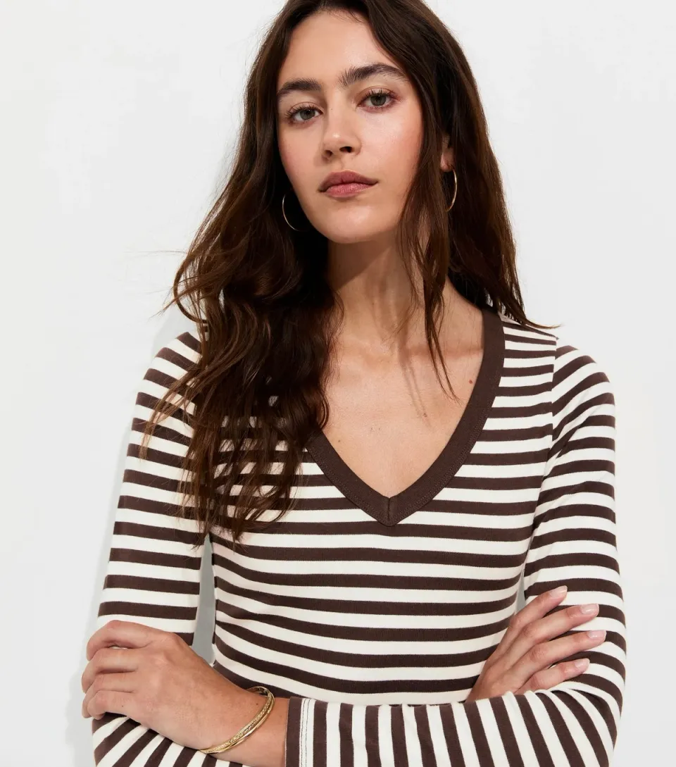 Women's Brown Cotton Rich Striped Long Sleeve V-Neck Top