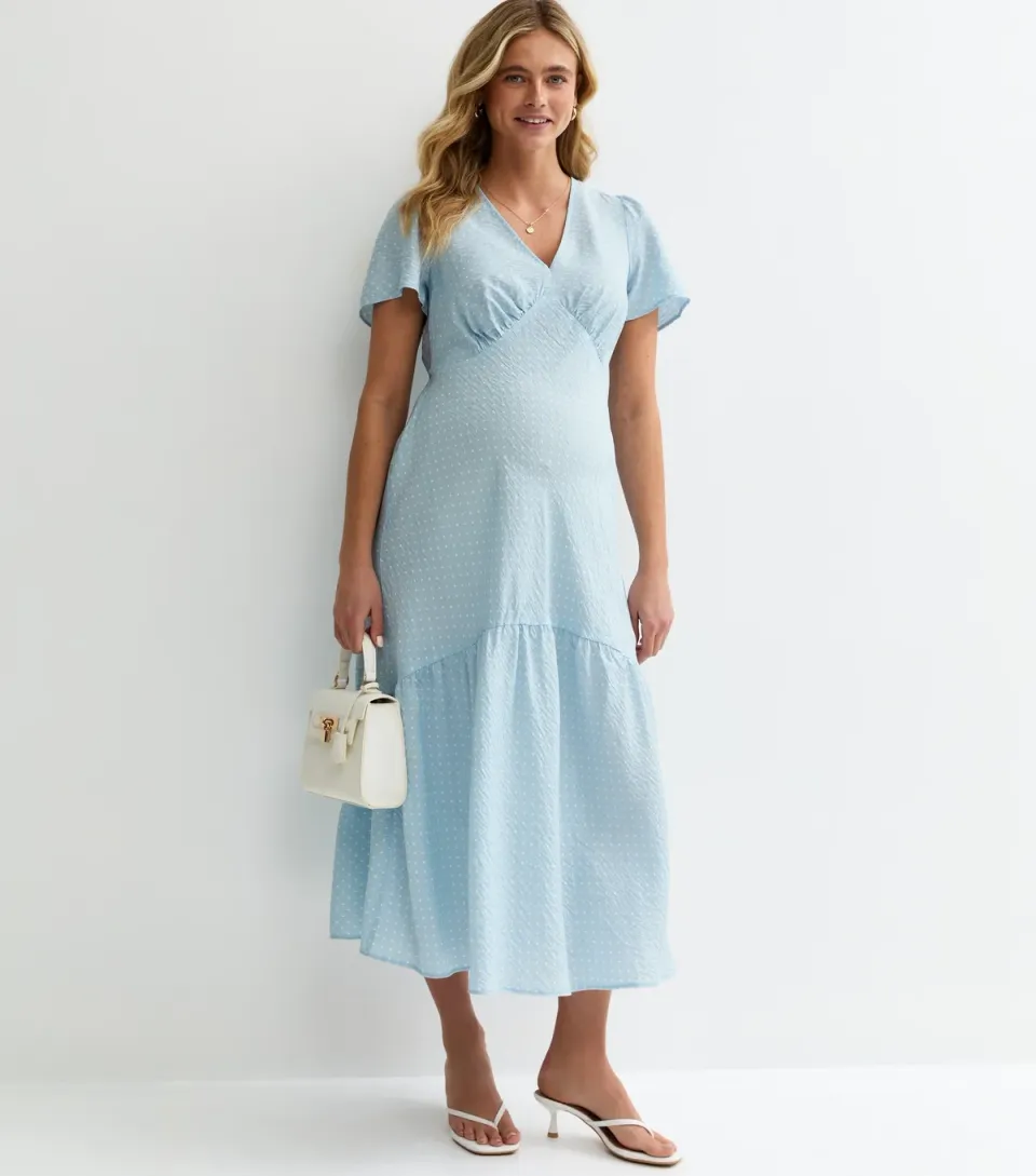 Women's Maternity Light Blue Polka Dot Tiered Tea Midi Dress