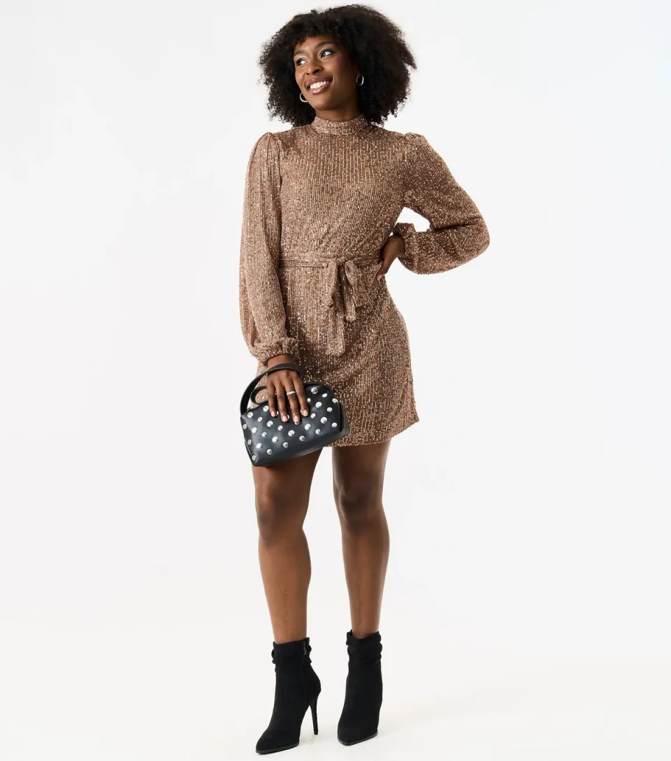 Women's Rose Gold Sequinned Long Sleeve Mini Dress