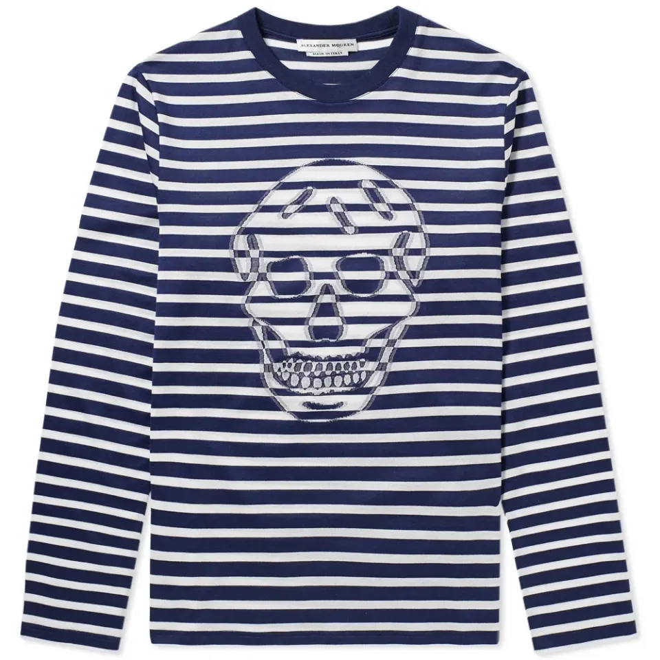 Long Sleeve Stripe Blurred Skull Print Tee