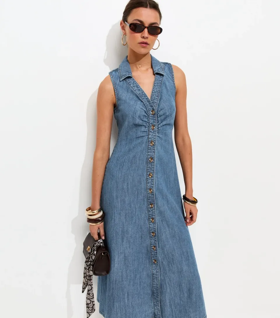 Women's Mid Blue Wash Rouched A-line Midi Dress