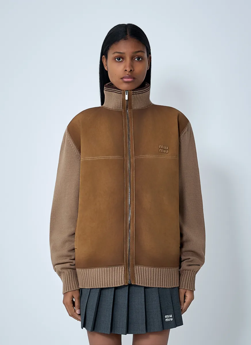 High Neck Suede-Panel Jacket