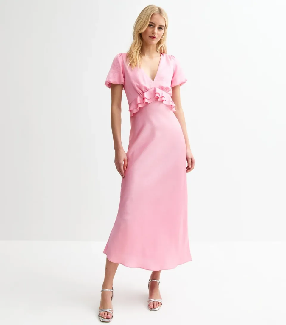 Women's Tall Light Pink Satin Empire Line Ruffle Trim Midi Dress