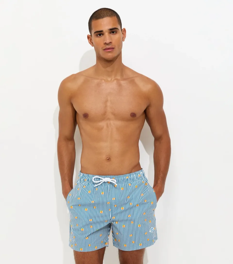 Men's Bright Blue Regular Fit Orange Stripe Print Swim Shorts