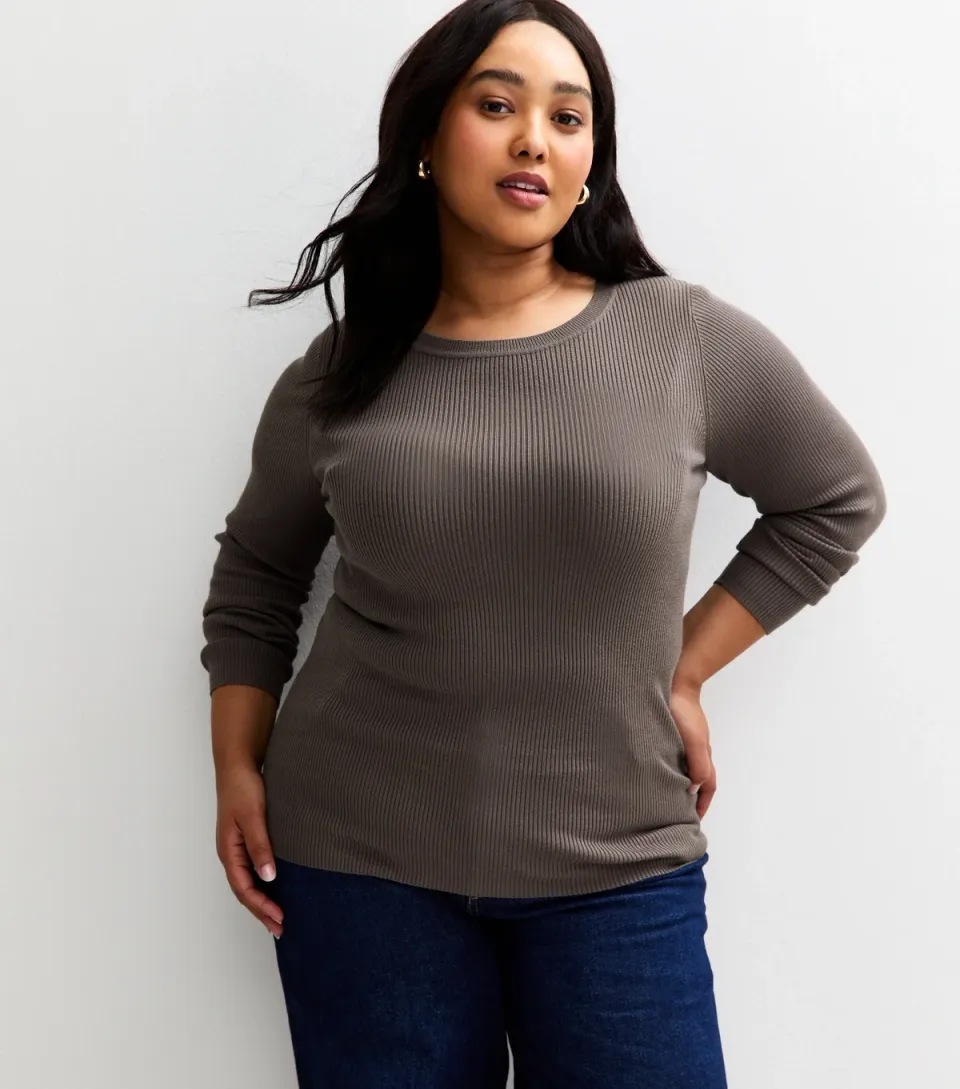 Women's Plus Size Mink Ribbed Knit Crew Neck Jumper Curves