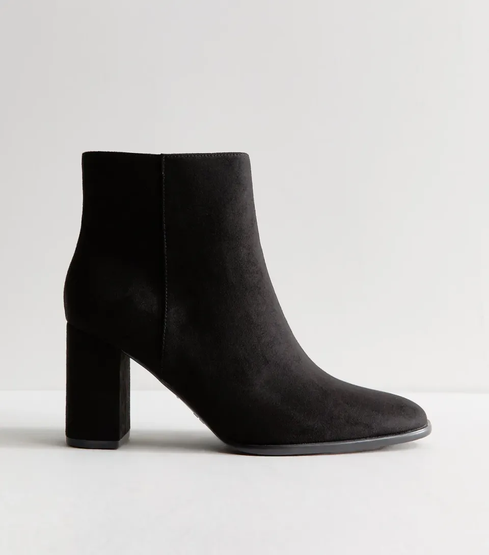 Women's Black Faux Suede Almond Toe Block Heel Ankle Boots Vegan