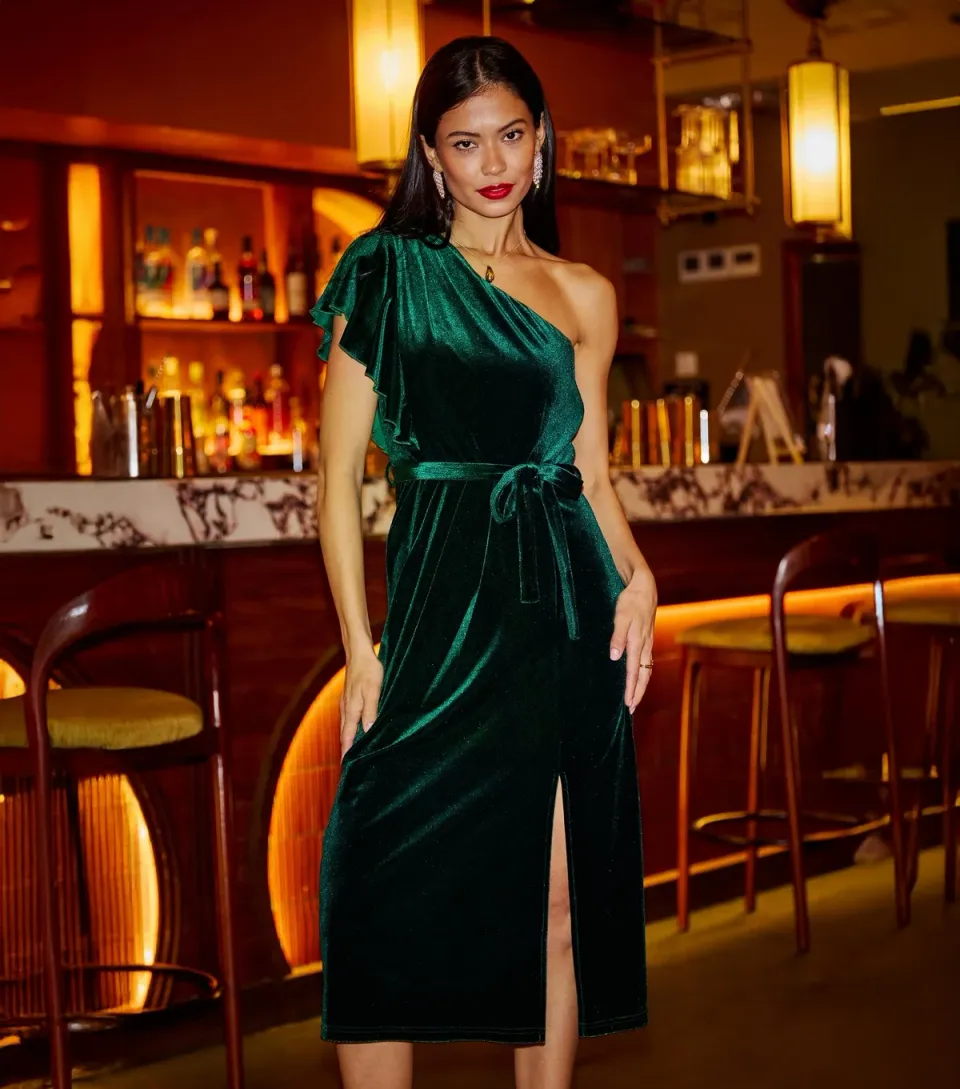 Women's Dark Green Velvet One Shoulder Midi Dress