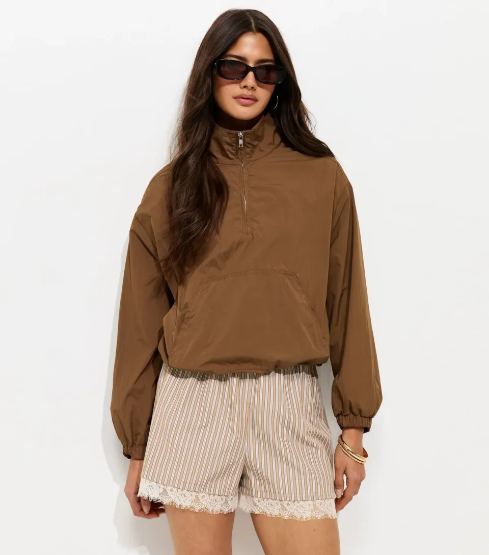 Women's Cream Striped Lace Hem Shorts