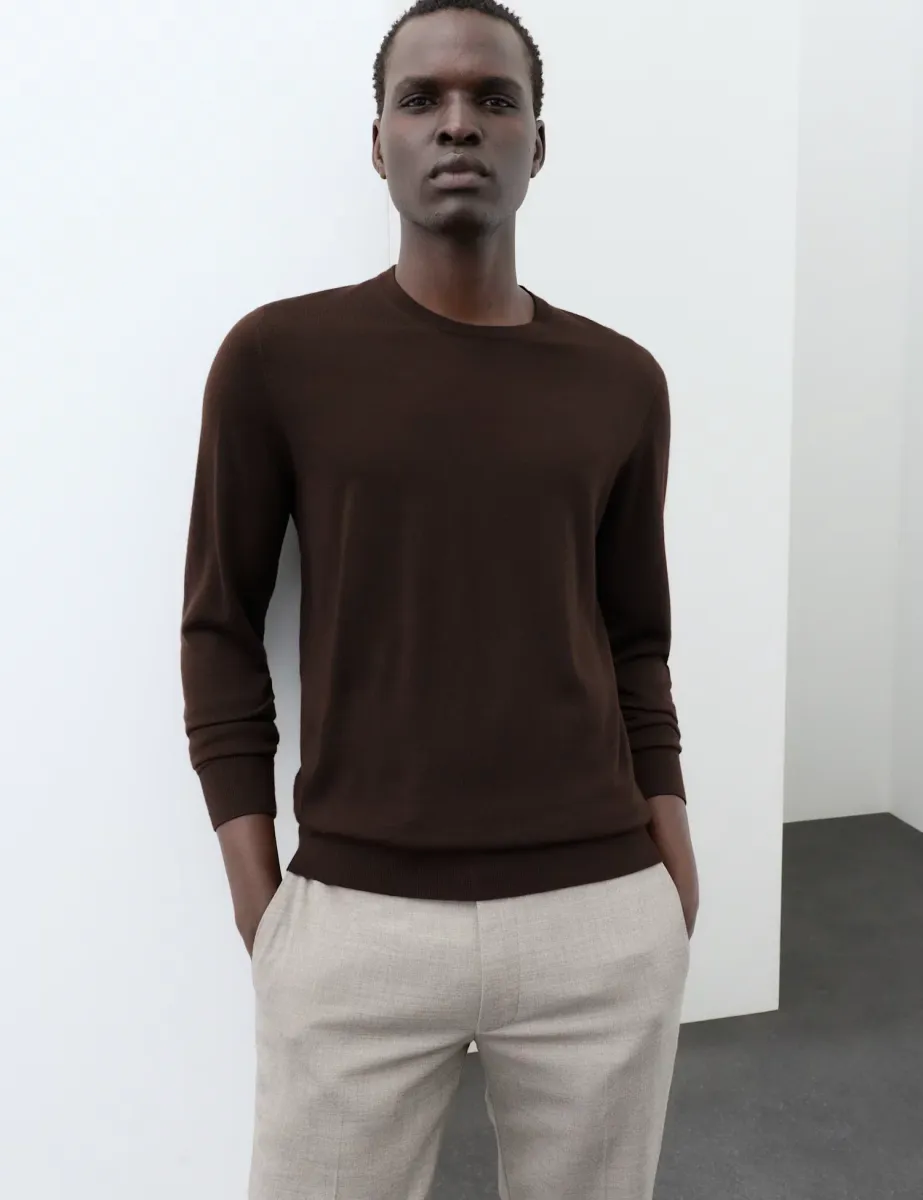 Pure Extra Fine Merino Wool Crew Neck Jumper Bitter Chocolate