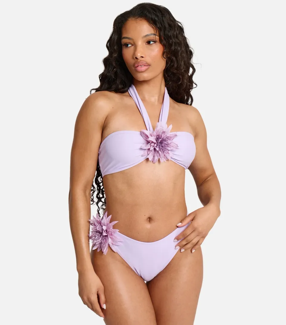 Women's Light Purple Bandeau Flower Detail Bikini Top