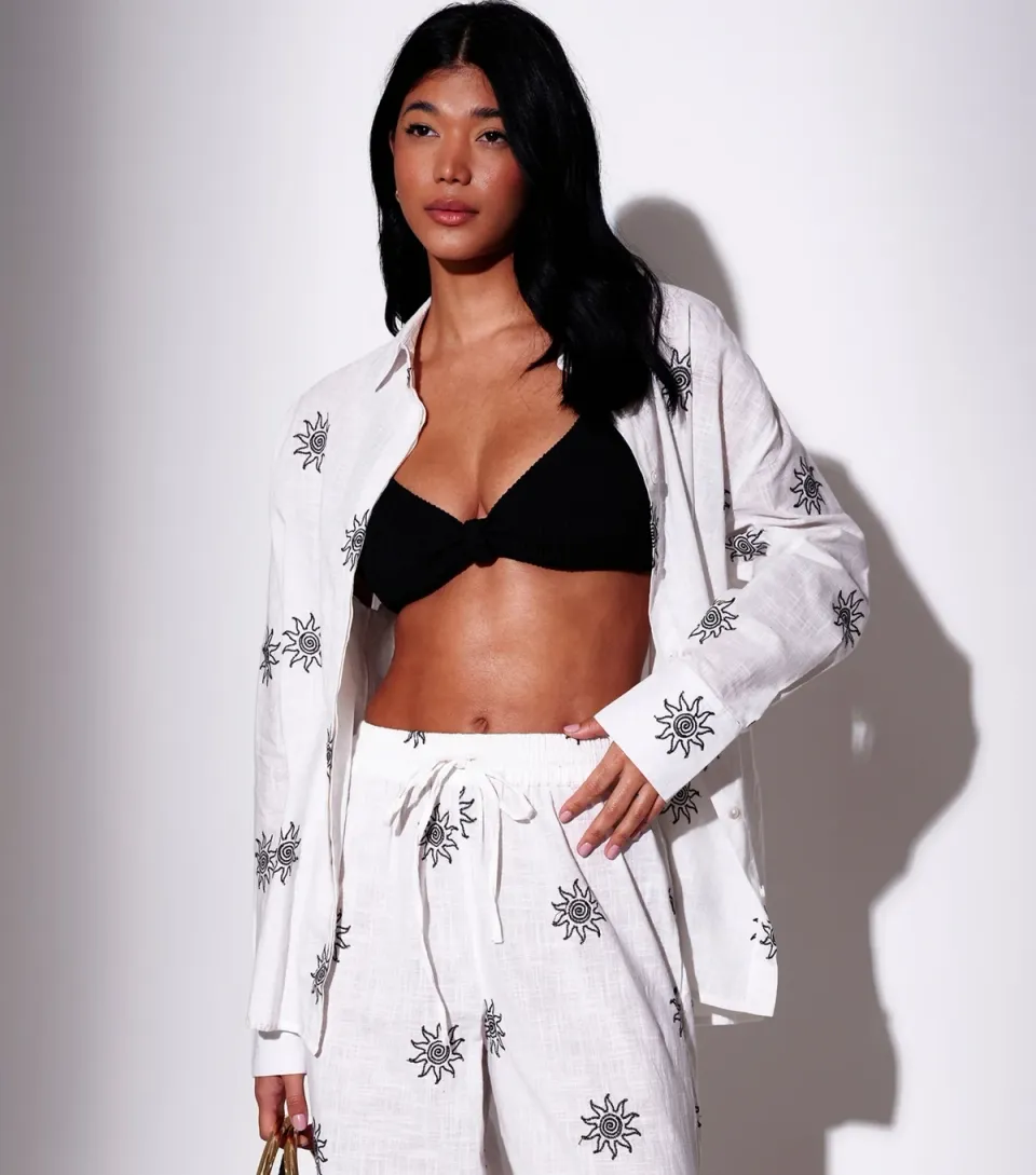 Women's White Cotton Embroidered Sun Beach Shirt