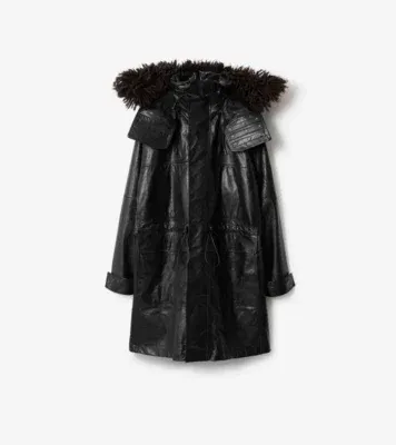 Detachable Fringed Trim Leather Parka in Black