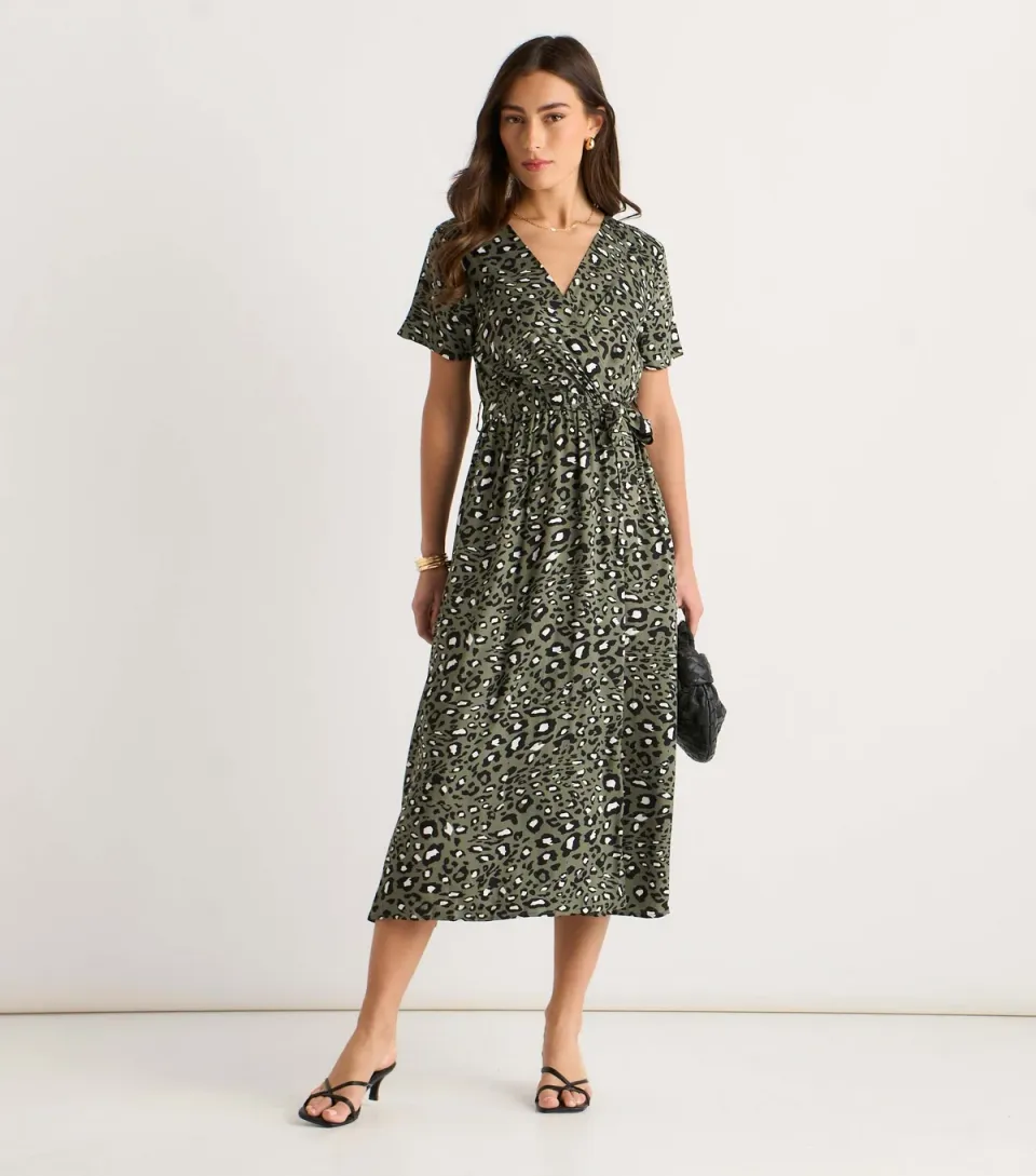 Women's Light Khaki Animal Print Wrap Midi Dress