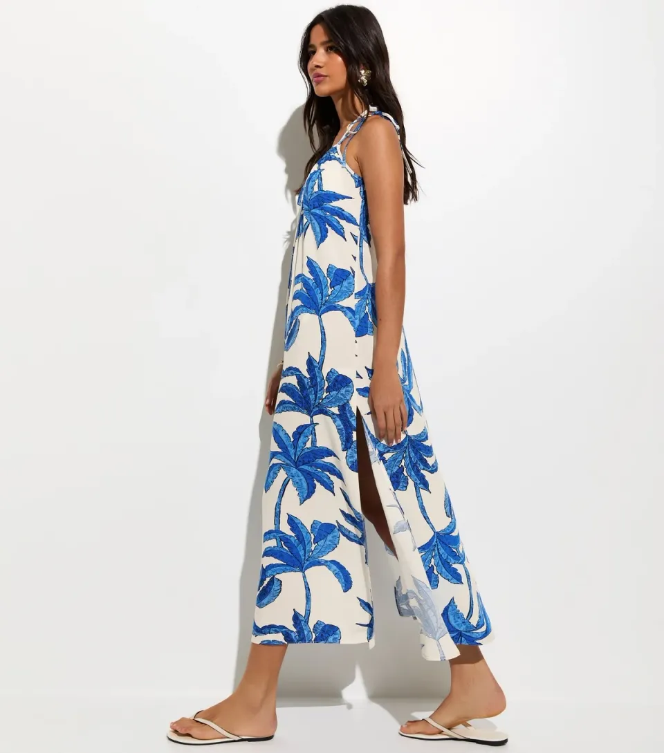 Women's Blue Palm Tree Print Beach Maxi Dress
