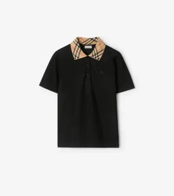 Check Collar Cotton Polo Shirt in Black
