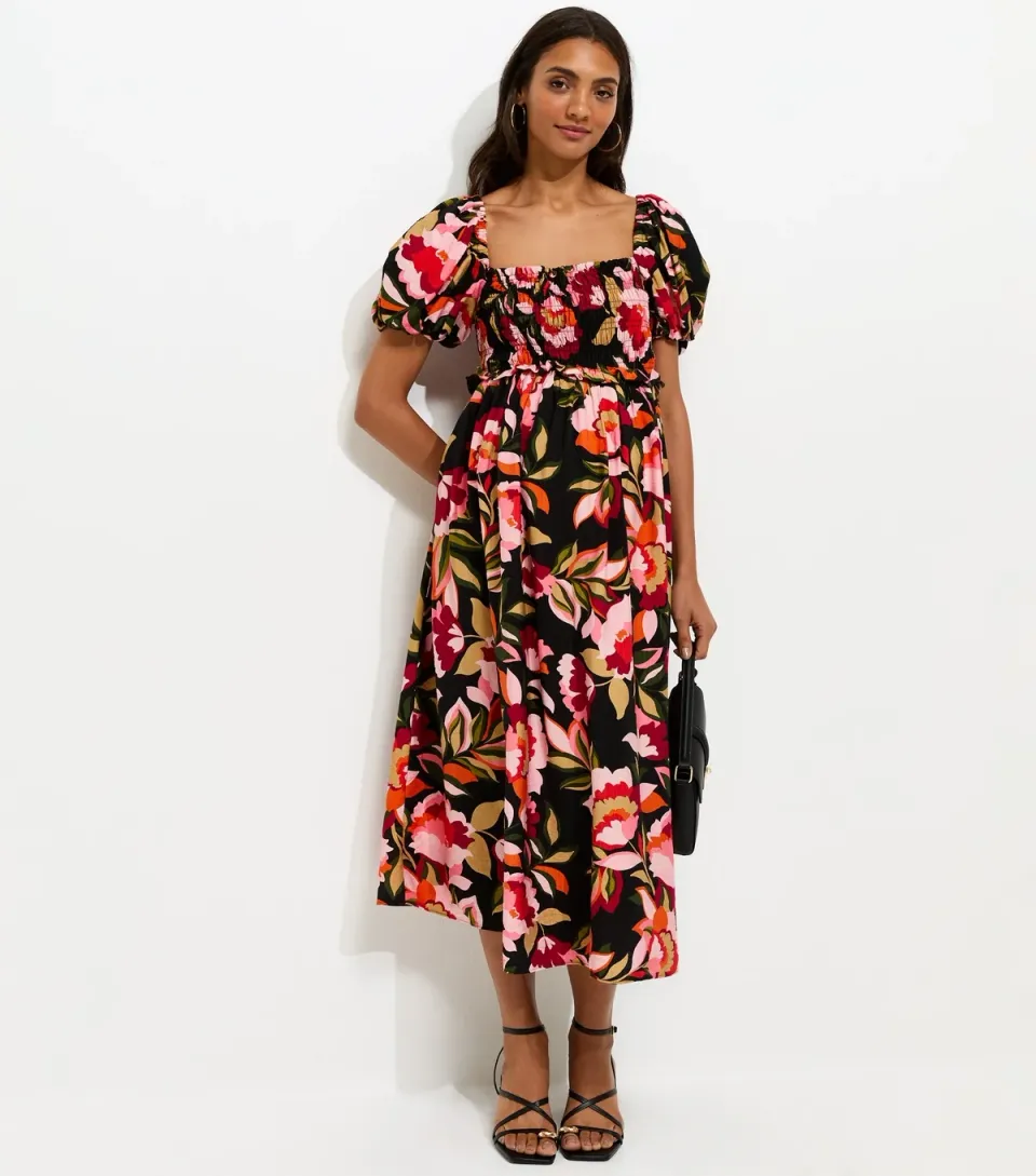 Women's Maternity Black Floral Milkmaid Midi Dress