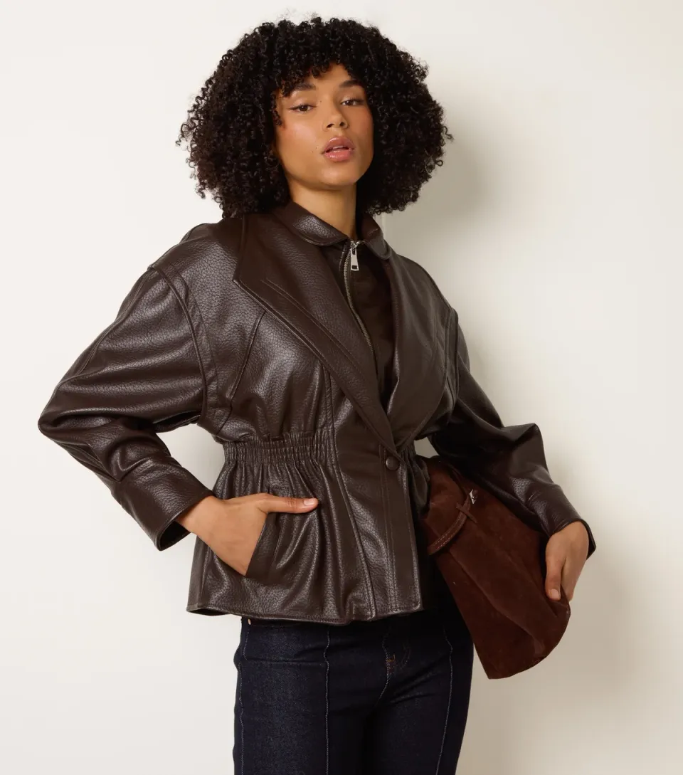 Women's Dark Brown Elasticated Waist Faux Leather Jacket