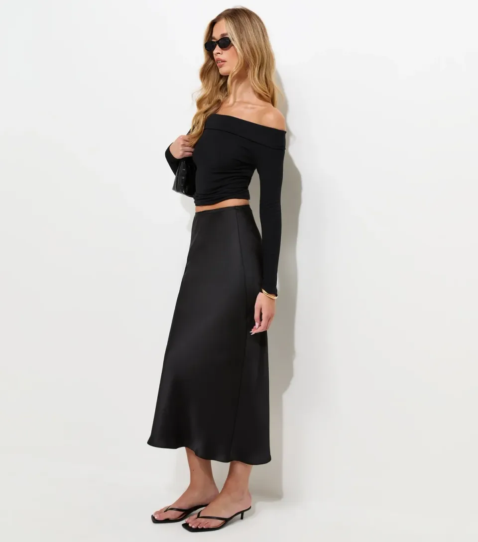 Women's Tall Black Satin Bias Cut Midi Skirt
