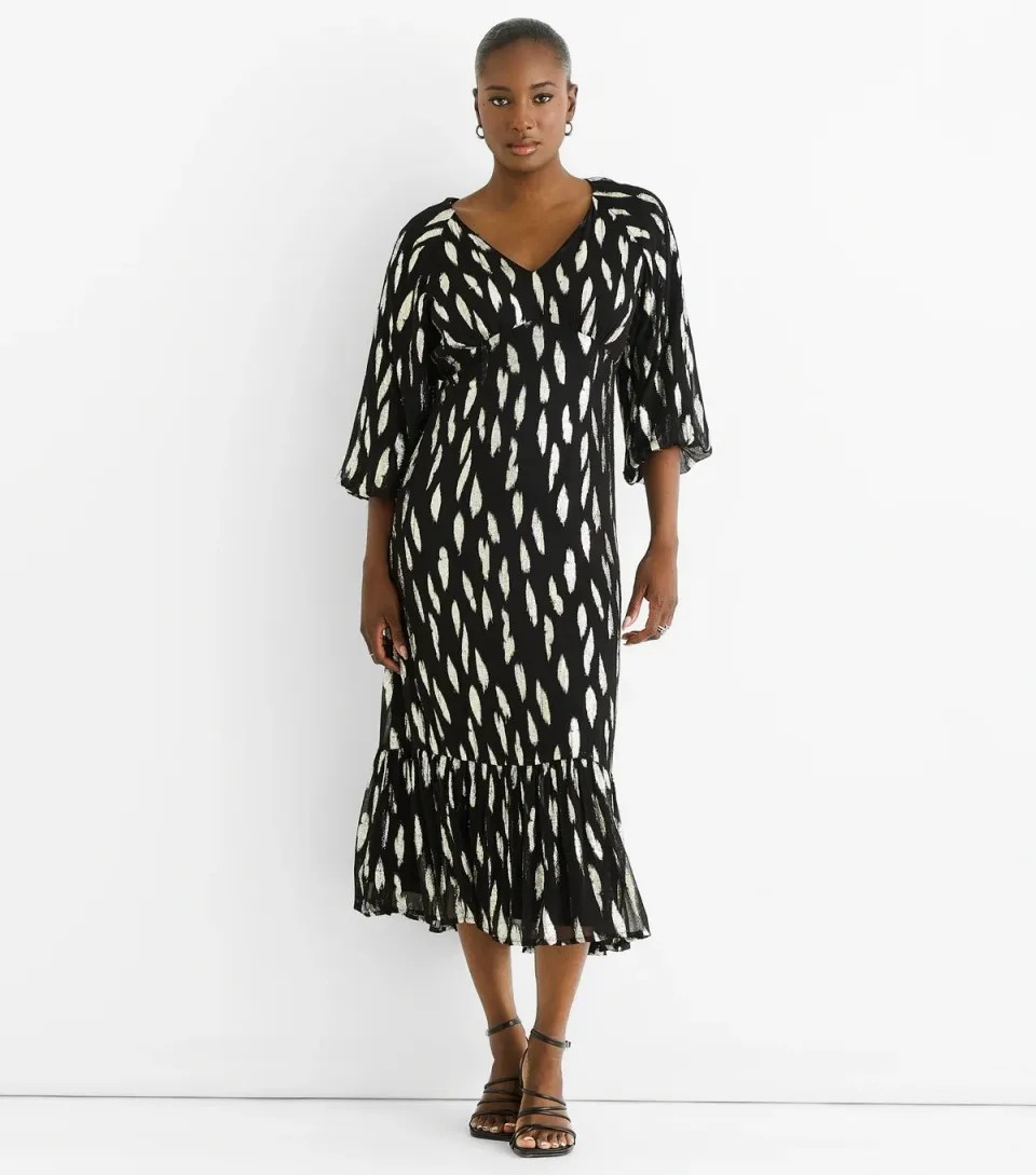 Women's Black Patterned Gathered Hem Midi Dress