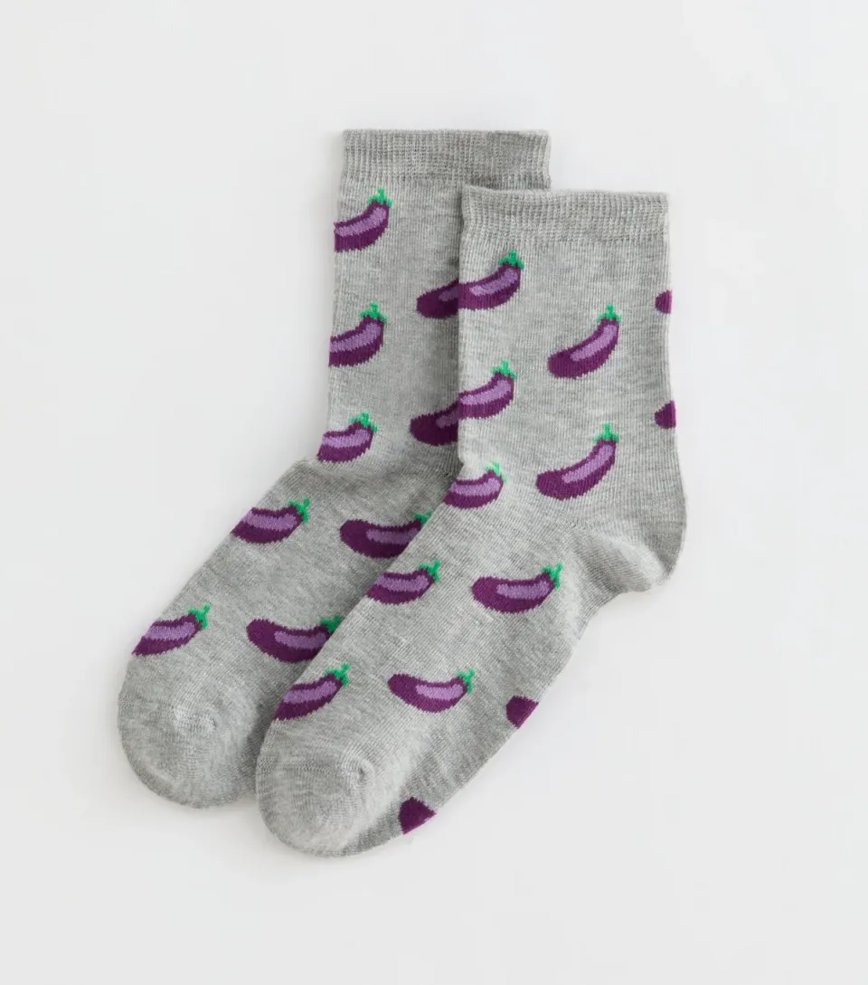 Mid Grey Patterned Aubergine Ankle Socks