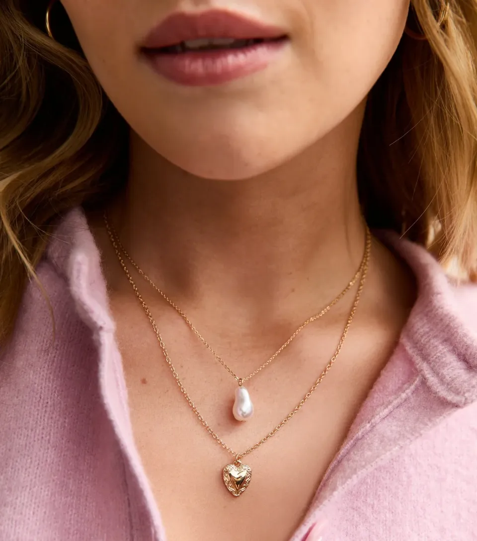 Gold Tone Double Chain Heart and Faux Pearl Necklace