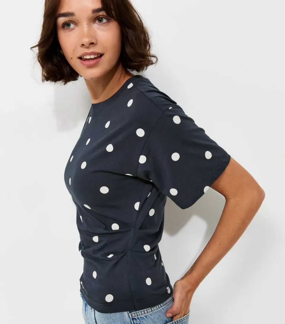Women's Blue Polka Dot Fitted Waist Crew Neck T-Shirt
