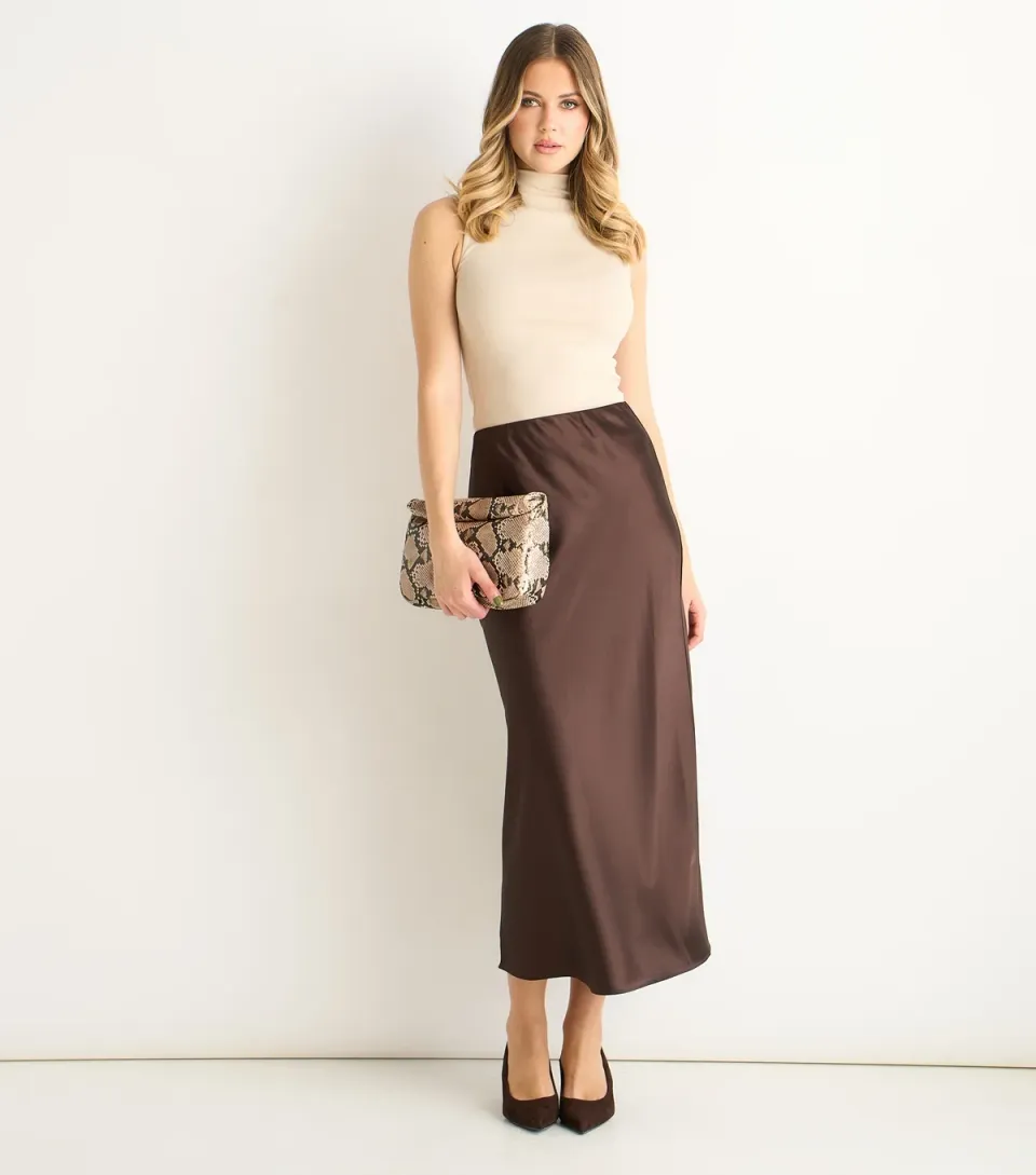 Women's Brown Satin Midi Skirt