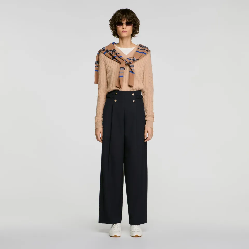 Buttoned wide-leg wool trousers
