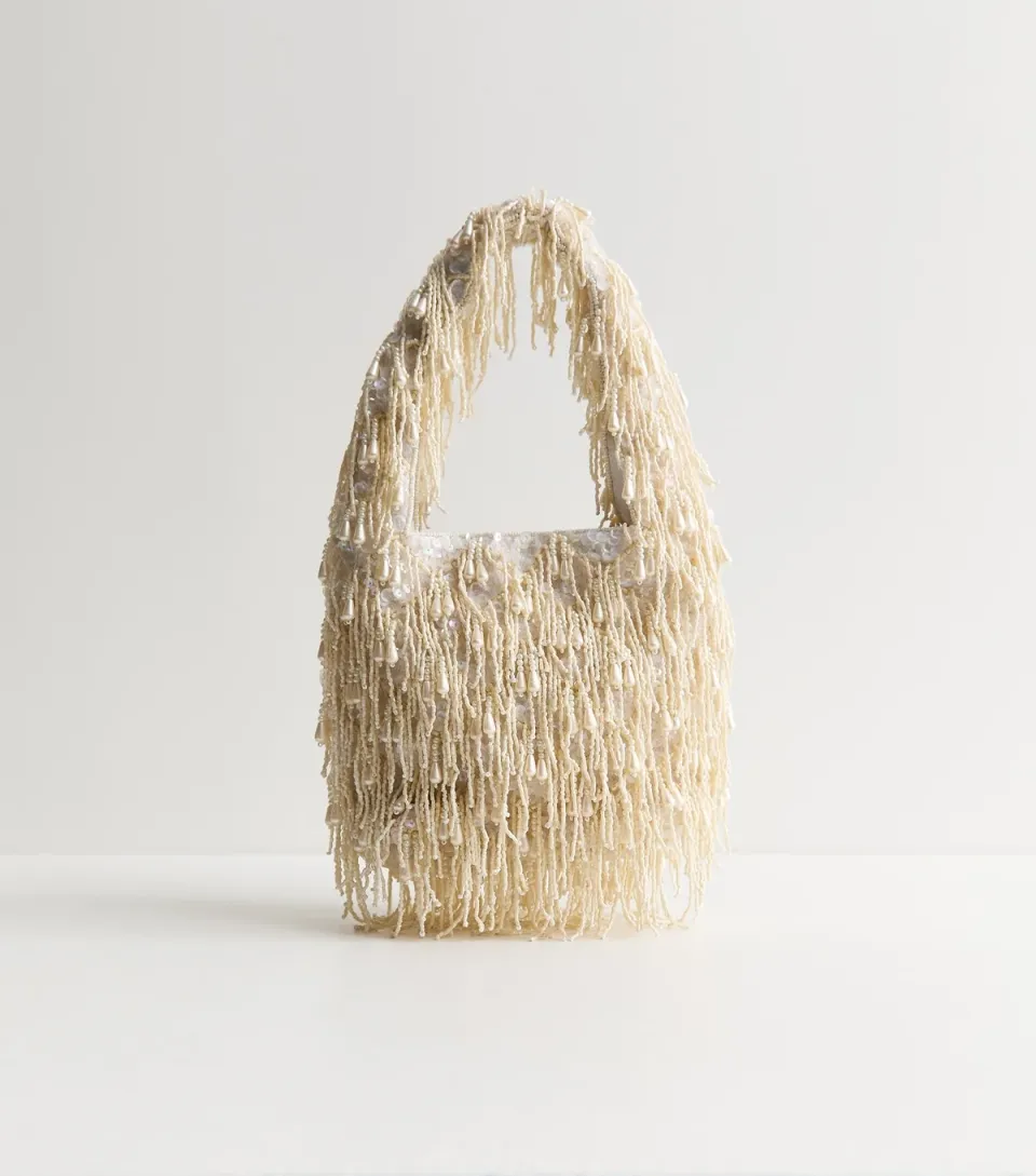 Cream Beaded Fringe Shoulder Grab Bag