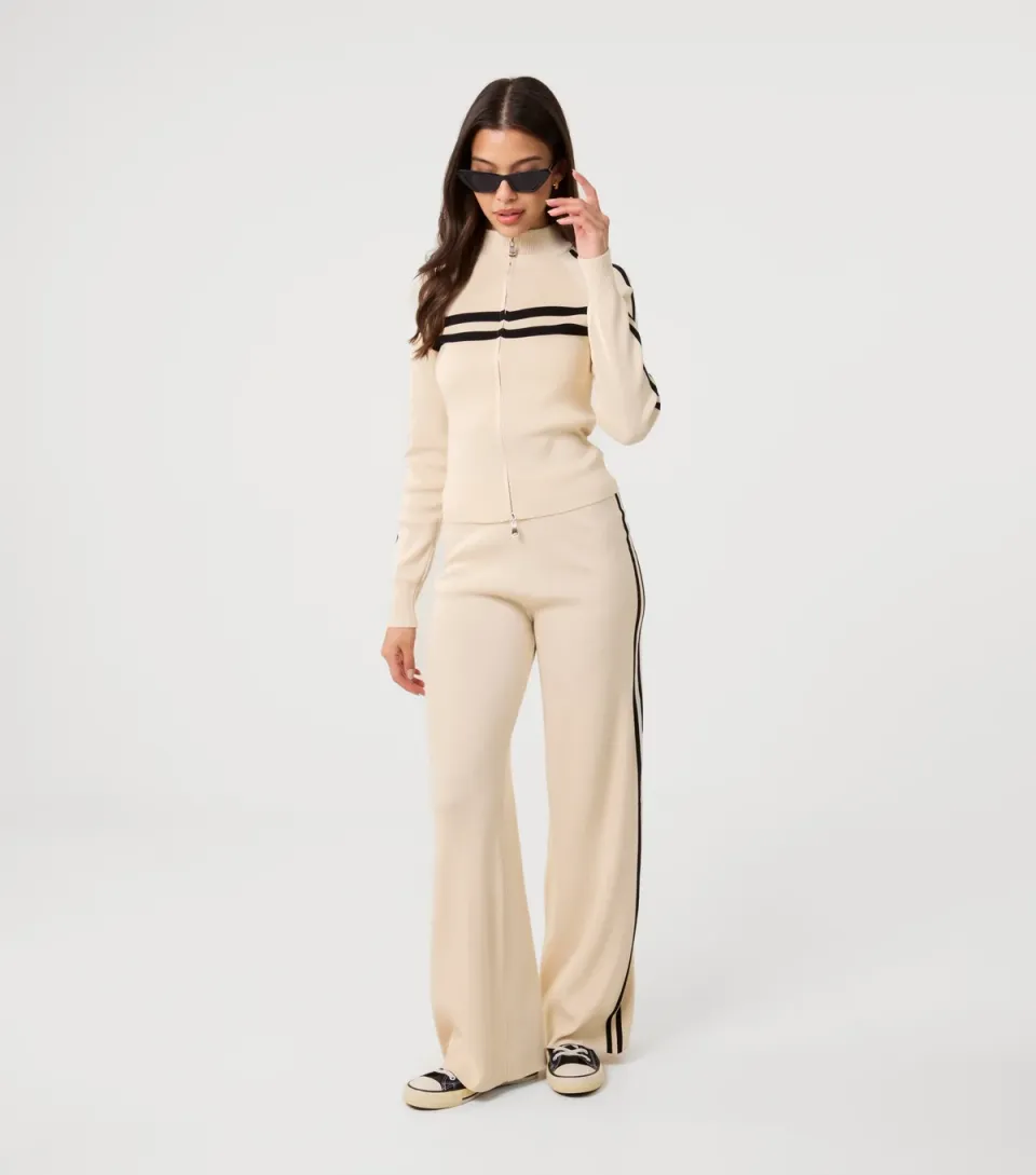 Women's Stone Contrast Trim Wide Leg Trousers
