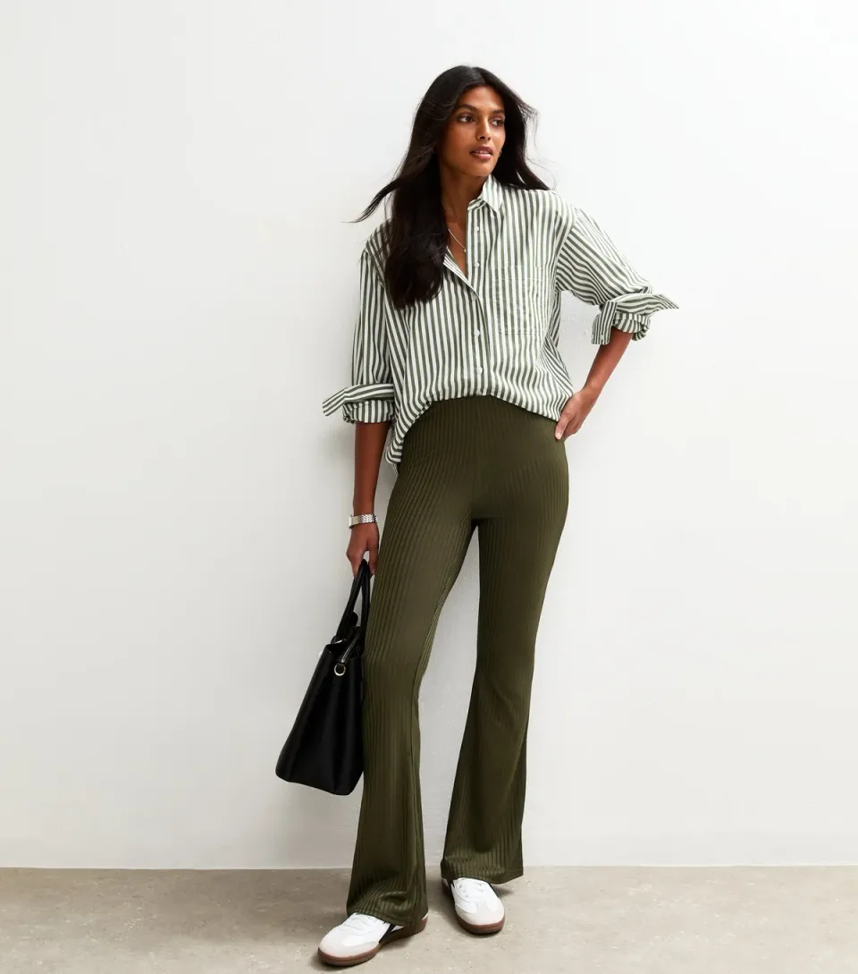 Women's Khaki Ribbed Jersey Flared Trousers