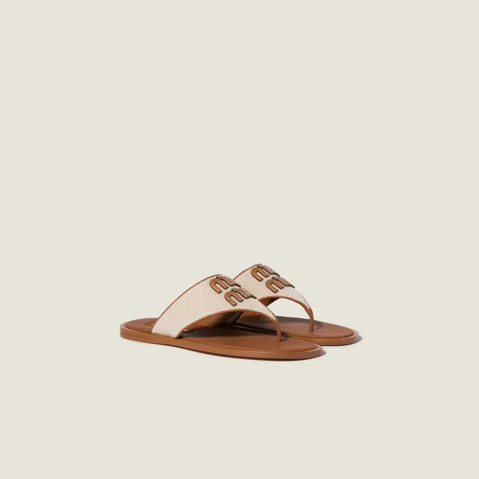 Canvas and leather thong sandals