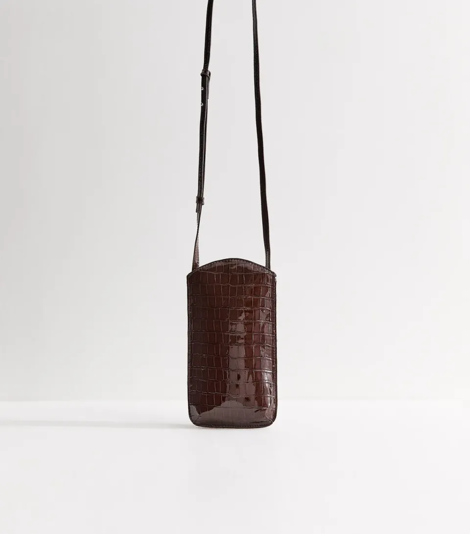 Dark Brown Faux Leather Crocodile Embossed Phone Bag