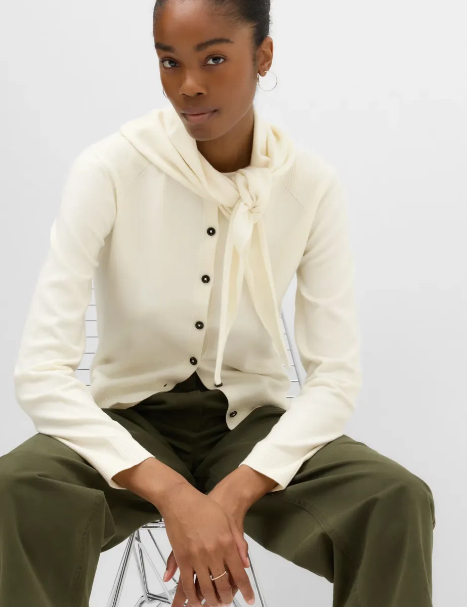 Air-Yarn Scarf Neck Button Through Cardigan Ivory