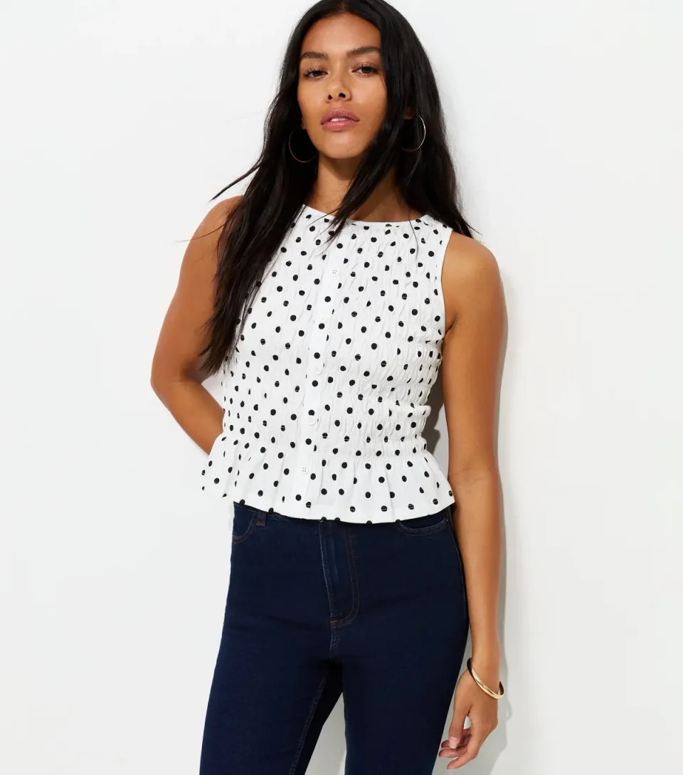 Women's Cream Cotton Spot Print Shirred Faux Button Top