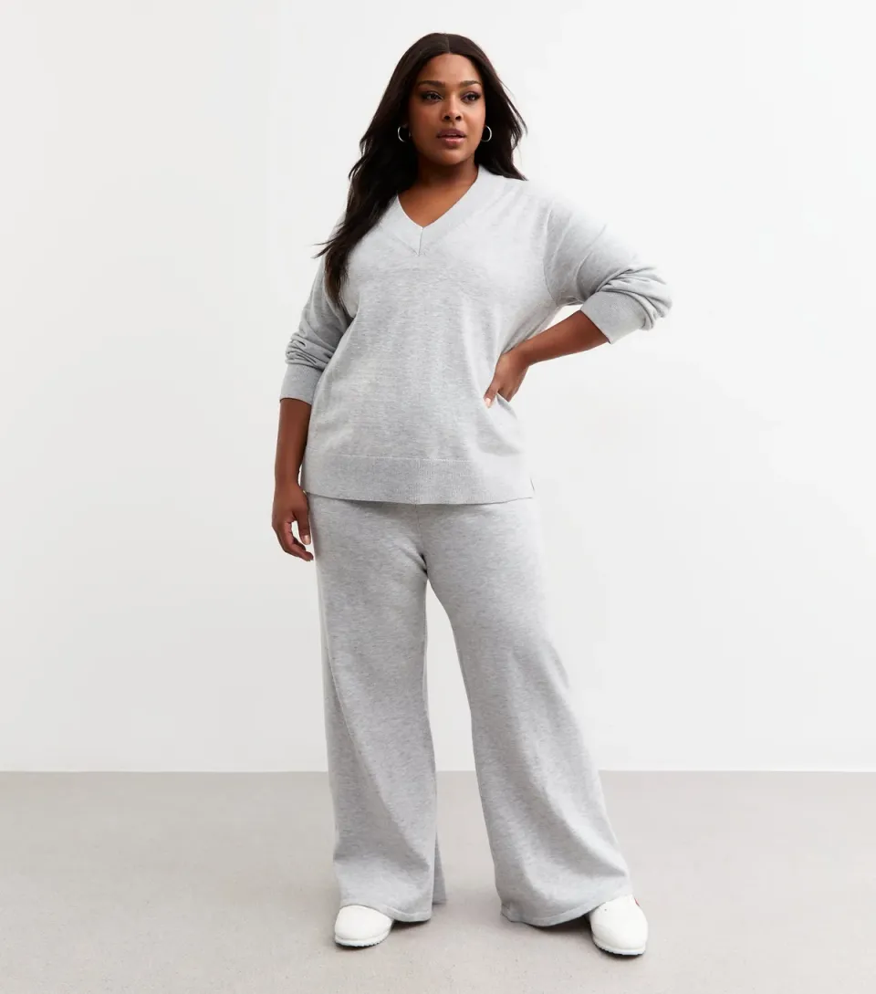 Women's Plus Size Grey Wide Leg Jersey Trousers Curves