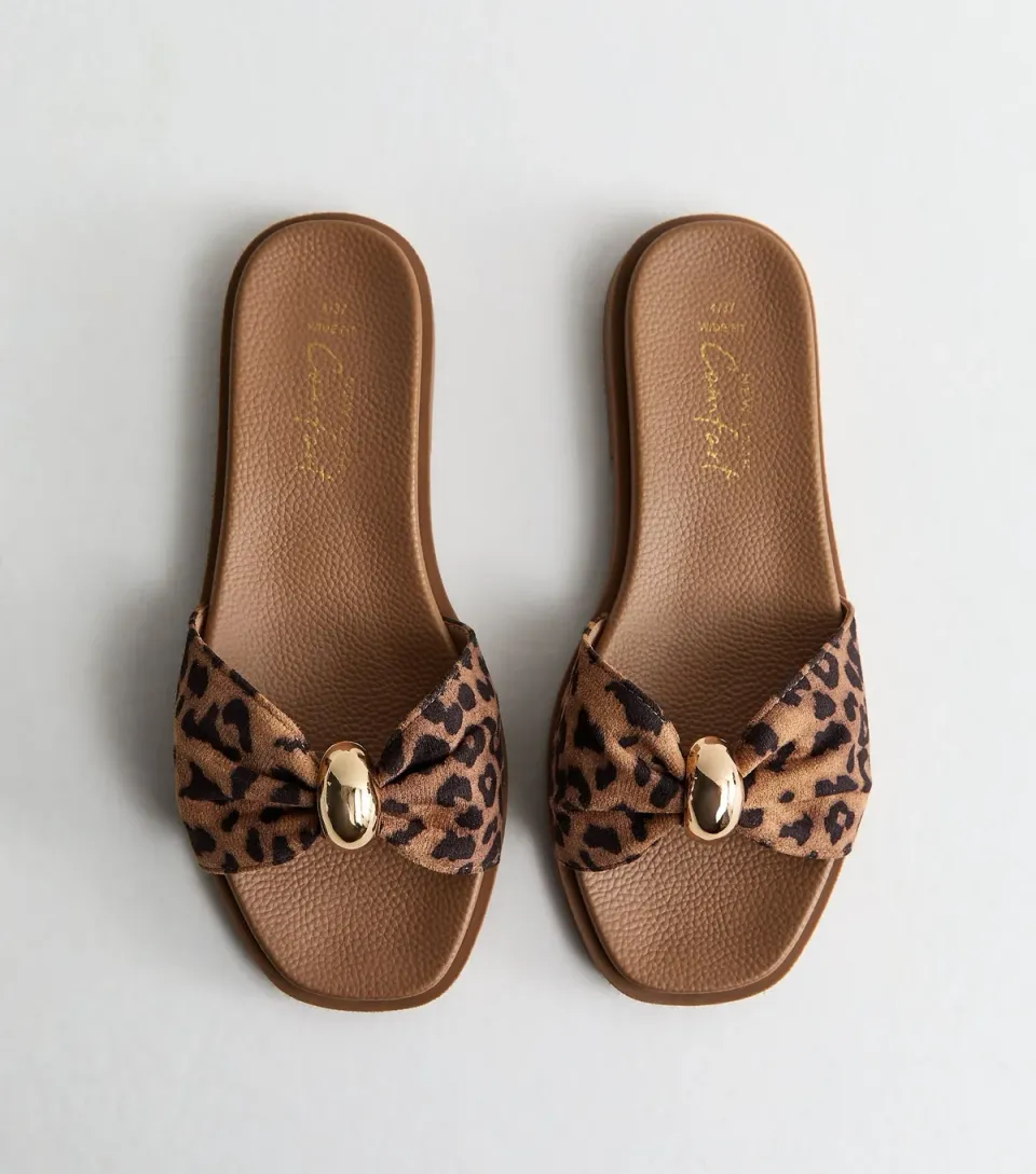 Women's Wide Fit Brown Animal Print Flat Mule Sandals Vegan