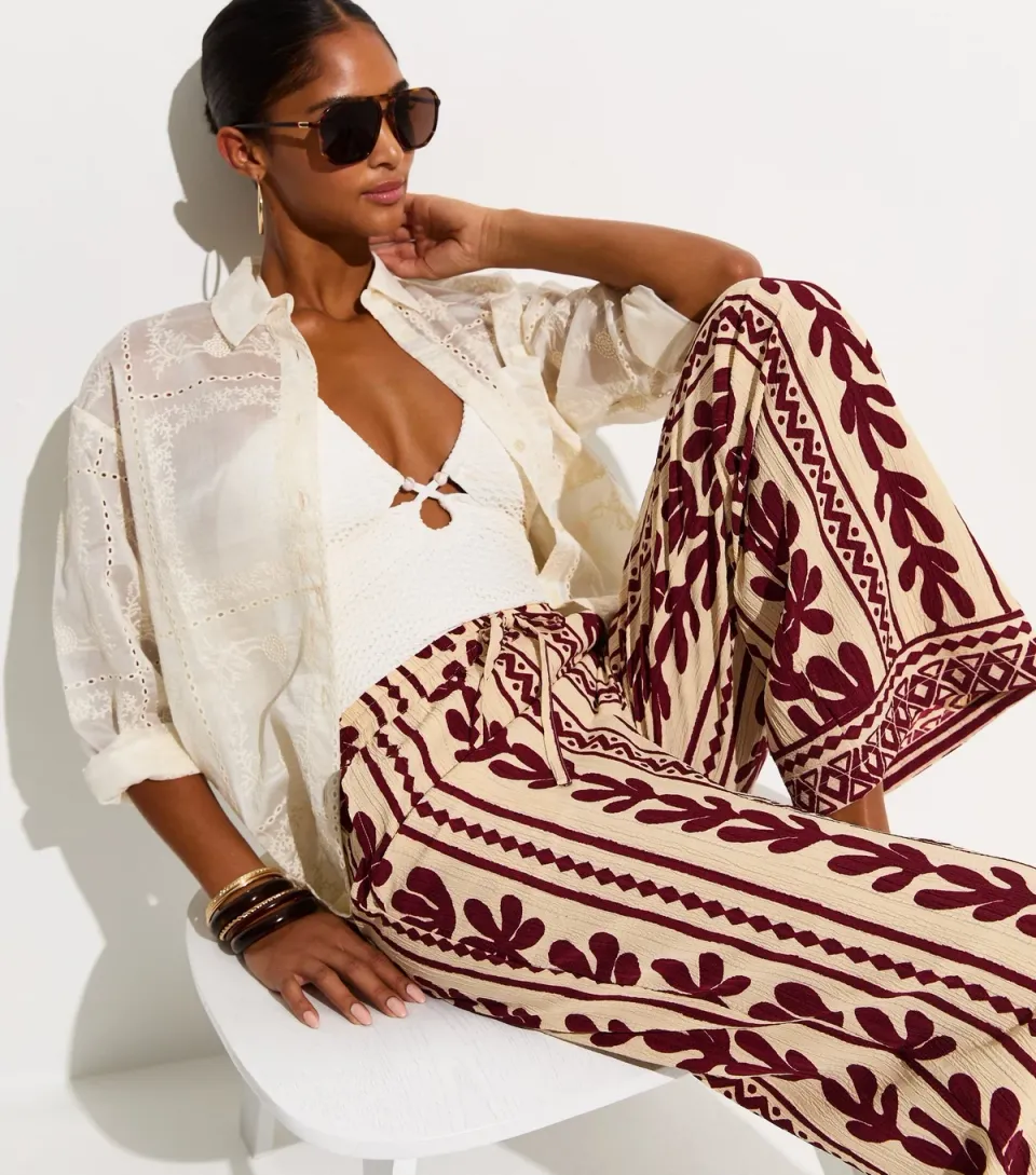 Women's Brown Cactus Print Wide Leg Beach Trousers