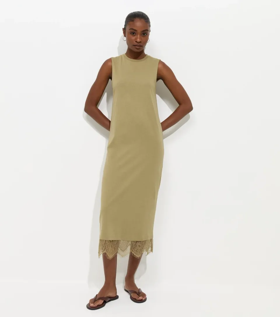 Women's Dark Khaki Cotton Sleeveless Lace Hem T-Shirt Midi Dress