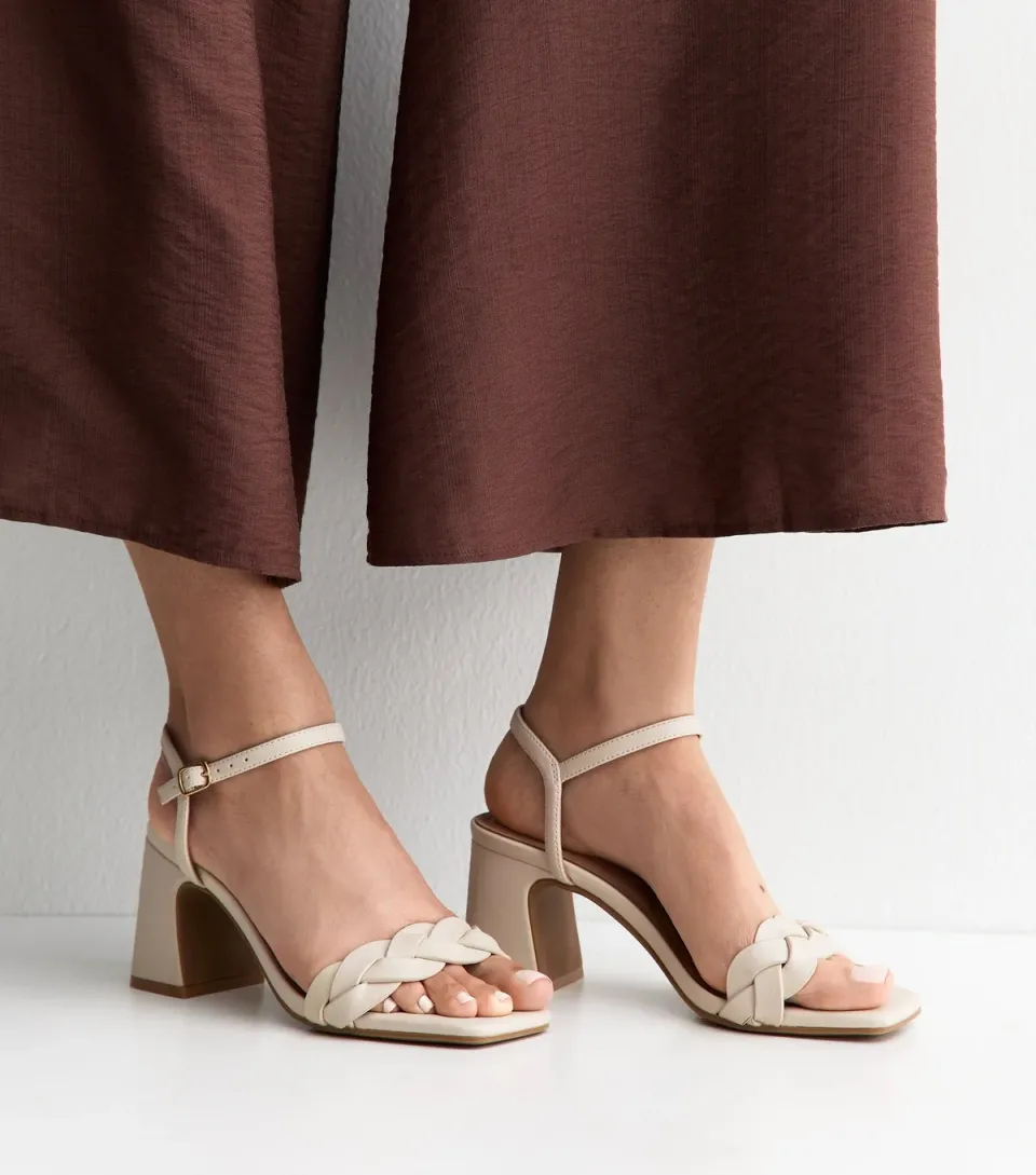 Women's Off White Faux Leather Braided Block Heel Sandals Vegan